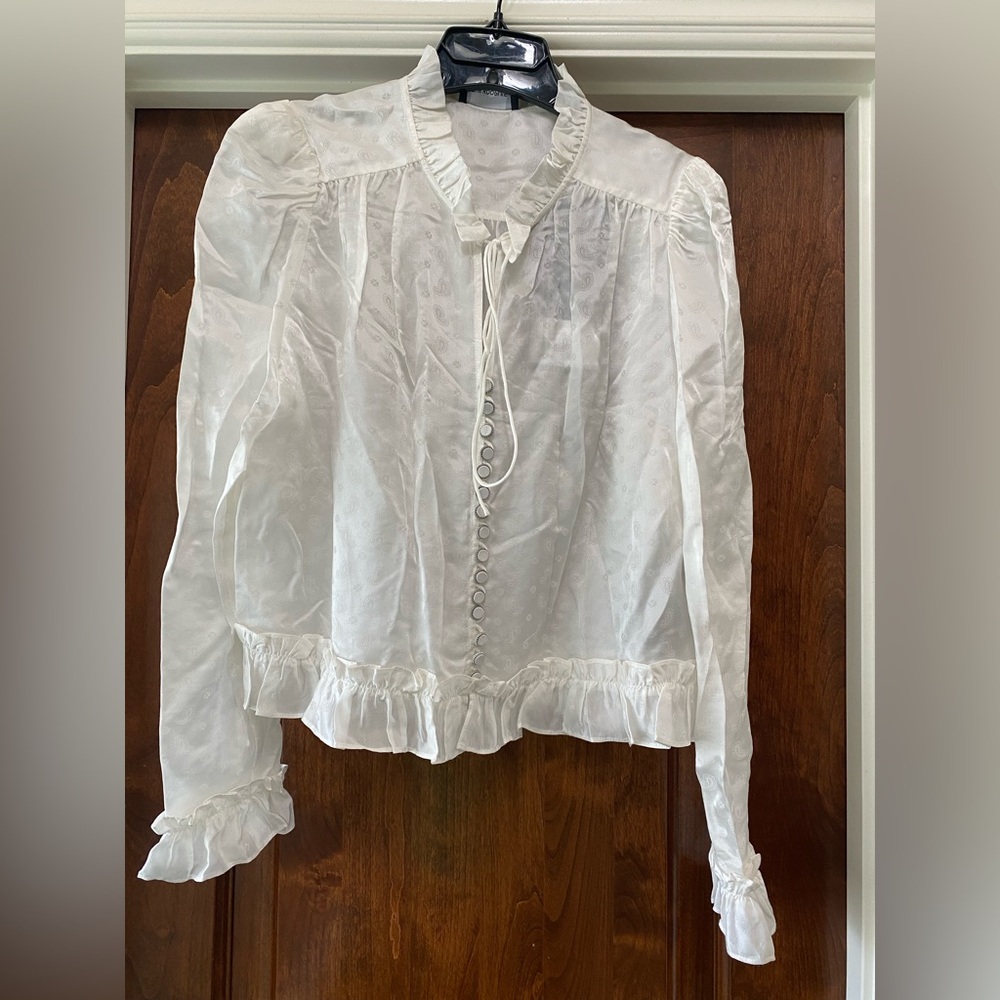 The Kooples Womens Hearts & Paisley Blouse ivory w/ruffles & tie neck US Sz 8